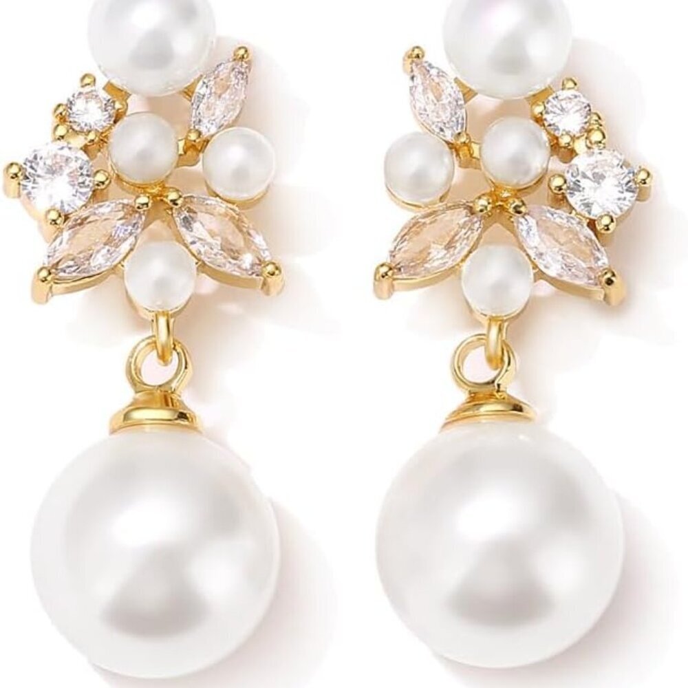 Pearl Drop Dangle Earrings with Cubic Zirconia for Brides and Prom